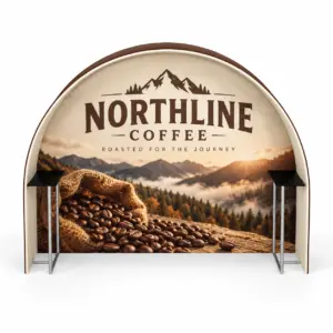 Custom Rounded Arch Display Booths with Shelves with a sample custom printed design
