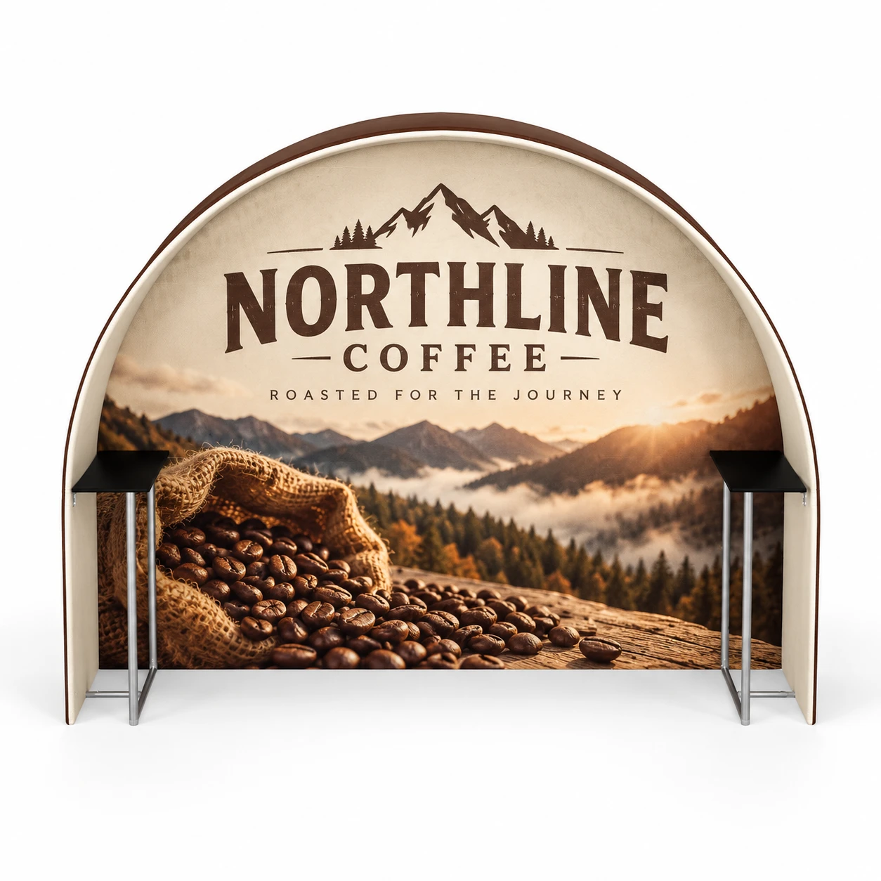 Custom Rounded Arch Display Booths with Shelves with a sample custom printed design