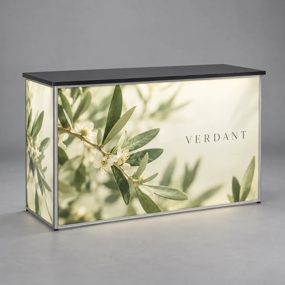 Custom Backlit Fabric Counters showing an example custom design