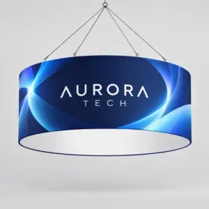 Custom Circular Hanging Fabric Signs showing an example custom design