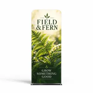 Custom Wide-Base Tension Fabric Banner Stands with a sample custom printed design