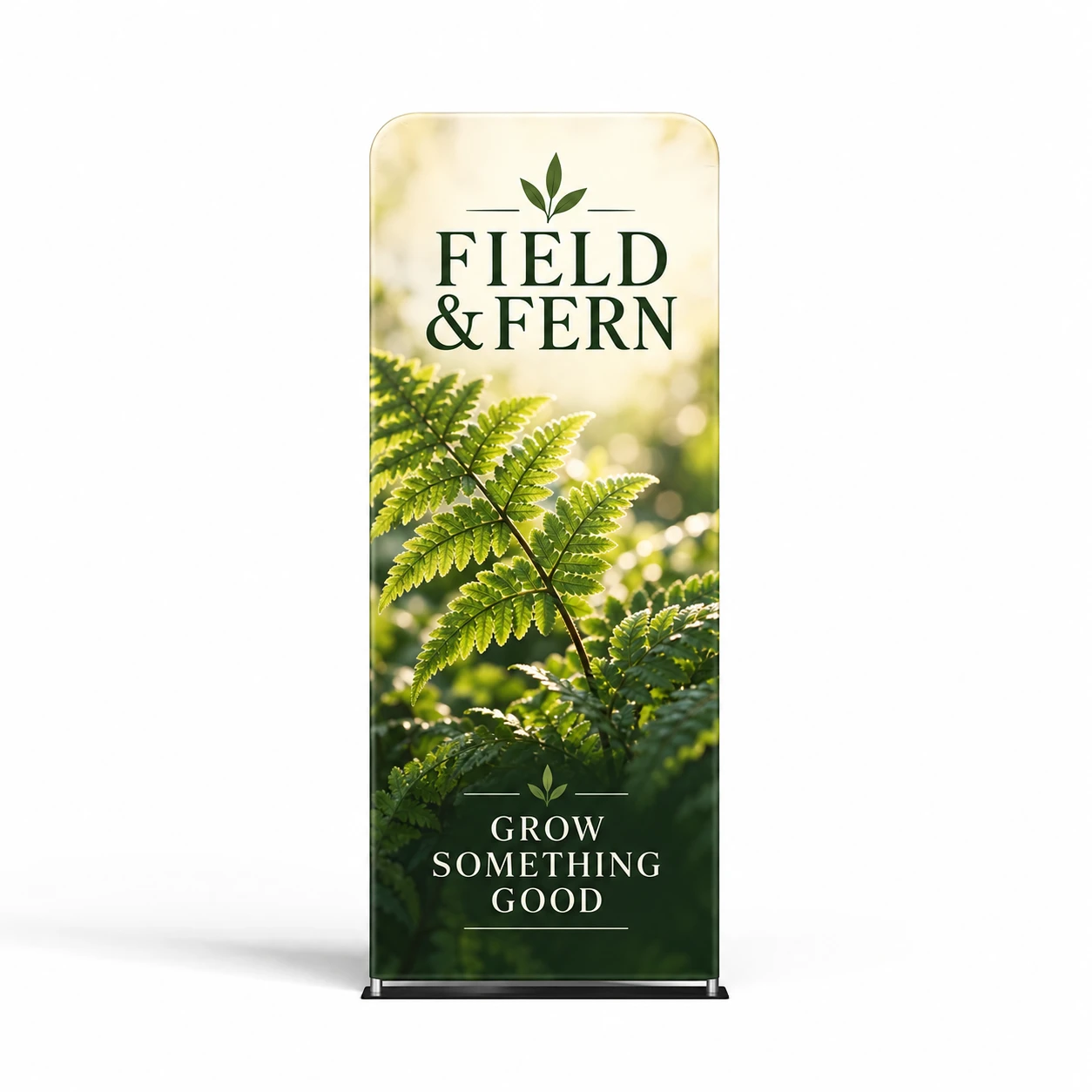 Custom Wide-Base Tension Fabric Banner Stands with a sample custom printed design