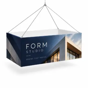 Custom Rectangular Hanging Fabric Signs with a sample custom printed design