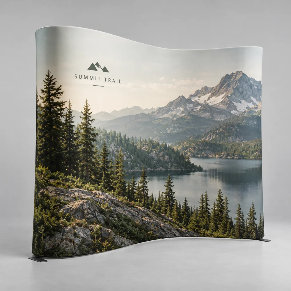 Custom S-Curve Tension Fabric Backdrops showing an example custom design