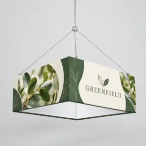 Custom Square Hanging Fabric Signs showing an example custom design
