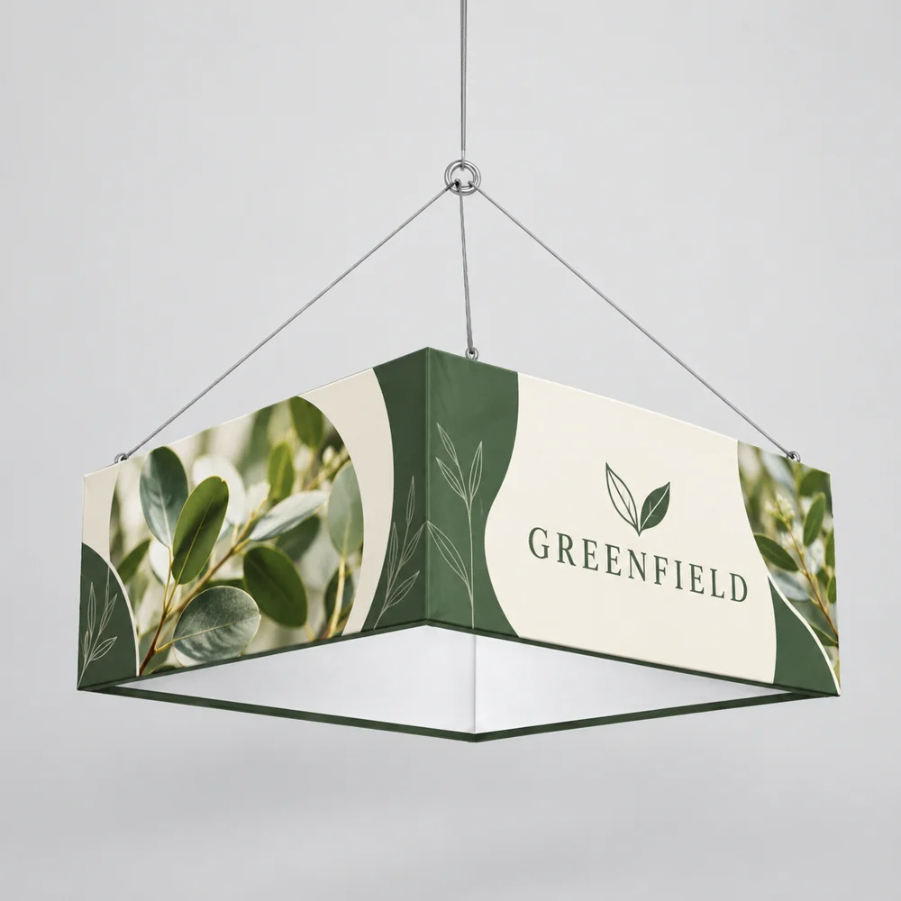 Custom Square Hanging Fabric Signs showing an example custom design