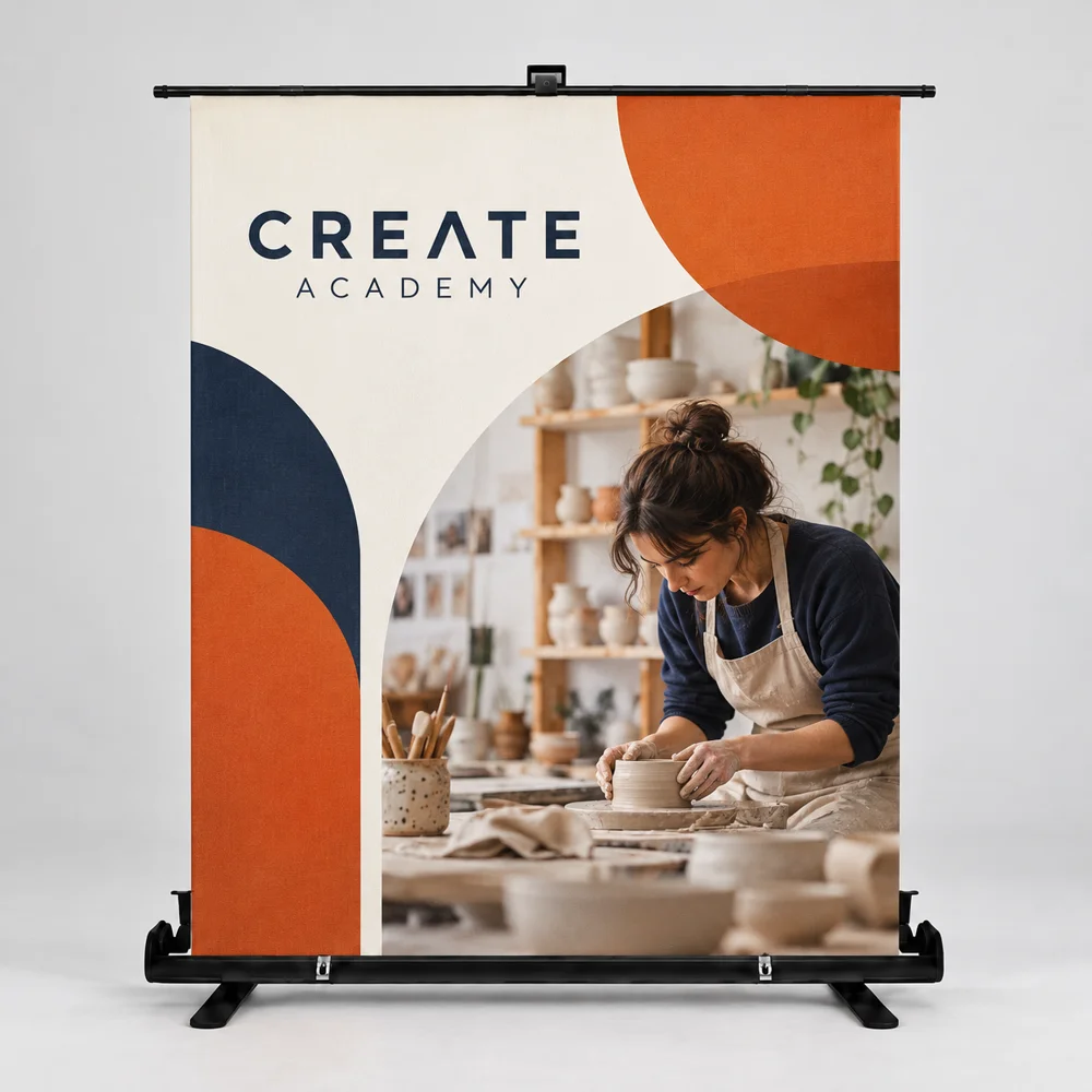 Custom Wide Retractable Fabric Displays showing an example custom design