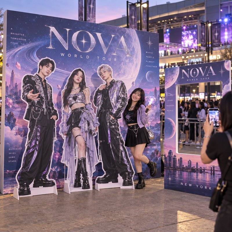 Concert photo zone with artist standees, album concept backdrop and oversized photocard frame