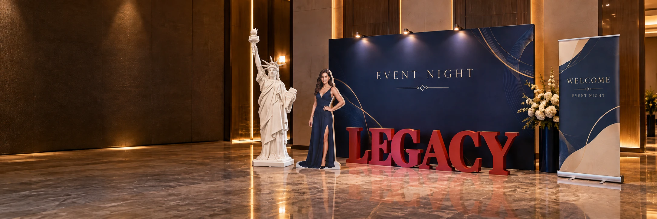 White Styrofoam Statue of Liberty beside female standee, backdrop, LEGACY letters and retractable banner